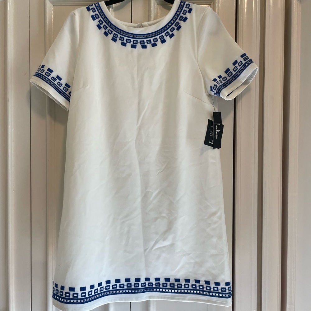 White Dress with Blue Trim